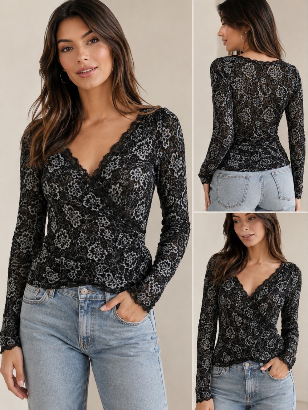 Ann Ferriday Los Angeles Sheer Lace Wrap Top Black Floral Y2K Goth Blouse Small